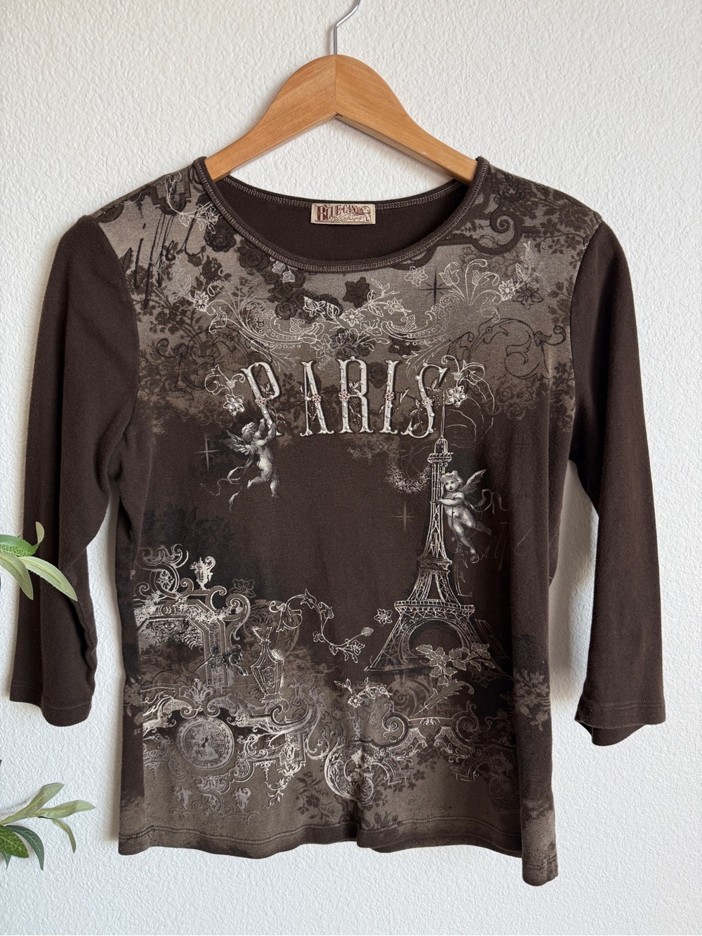 Blue Canyon Paris Graphic Y2K Streetwear Brown 3/4 Sleeve Top Women’s Size Large